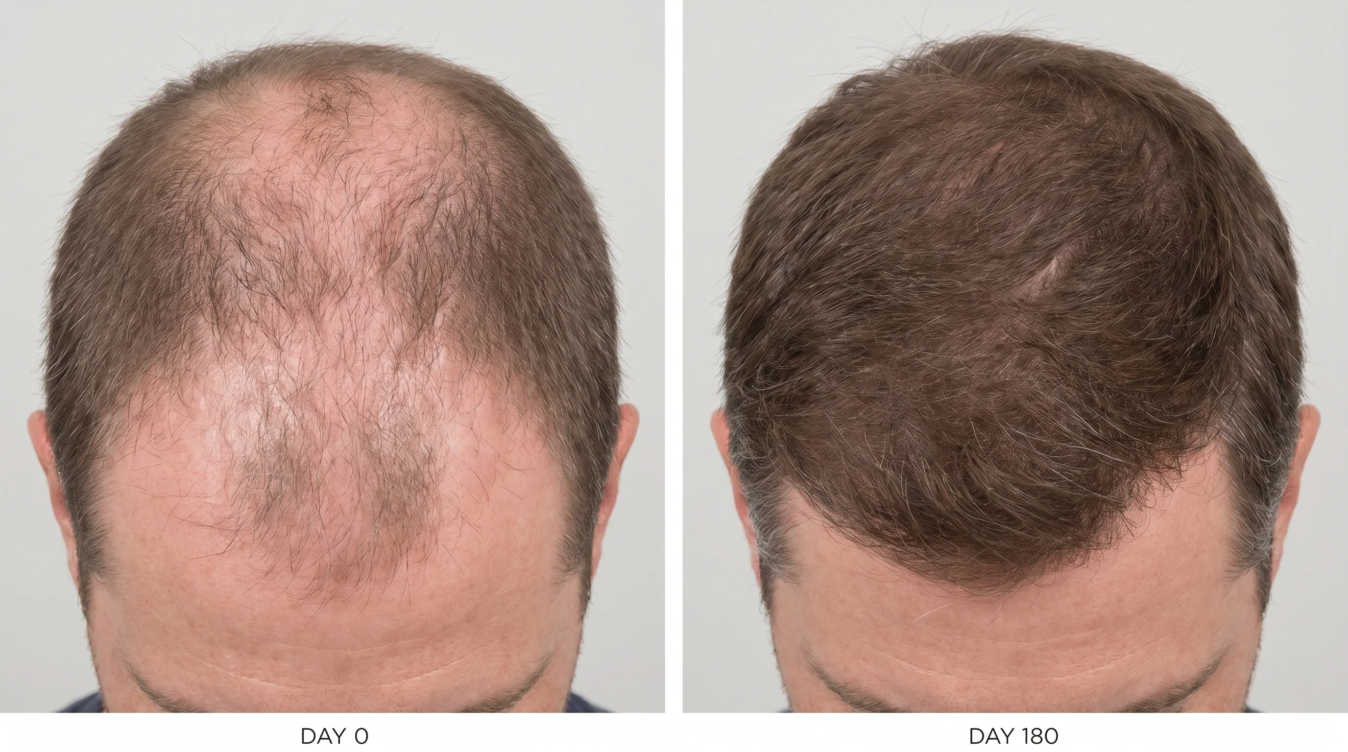 Day 0 vs Day 180 — male crown, six-month hair density progression