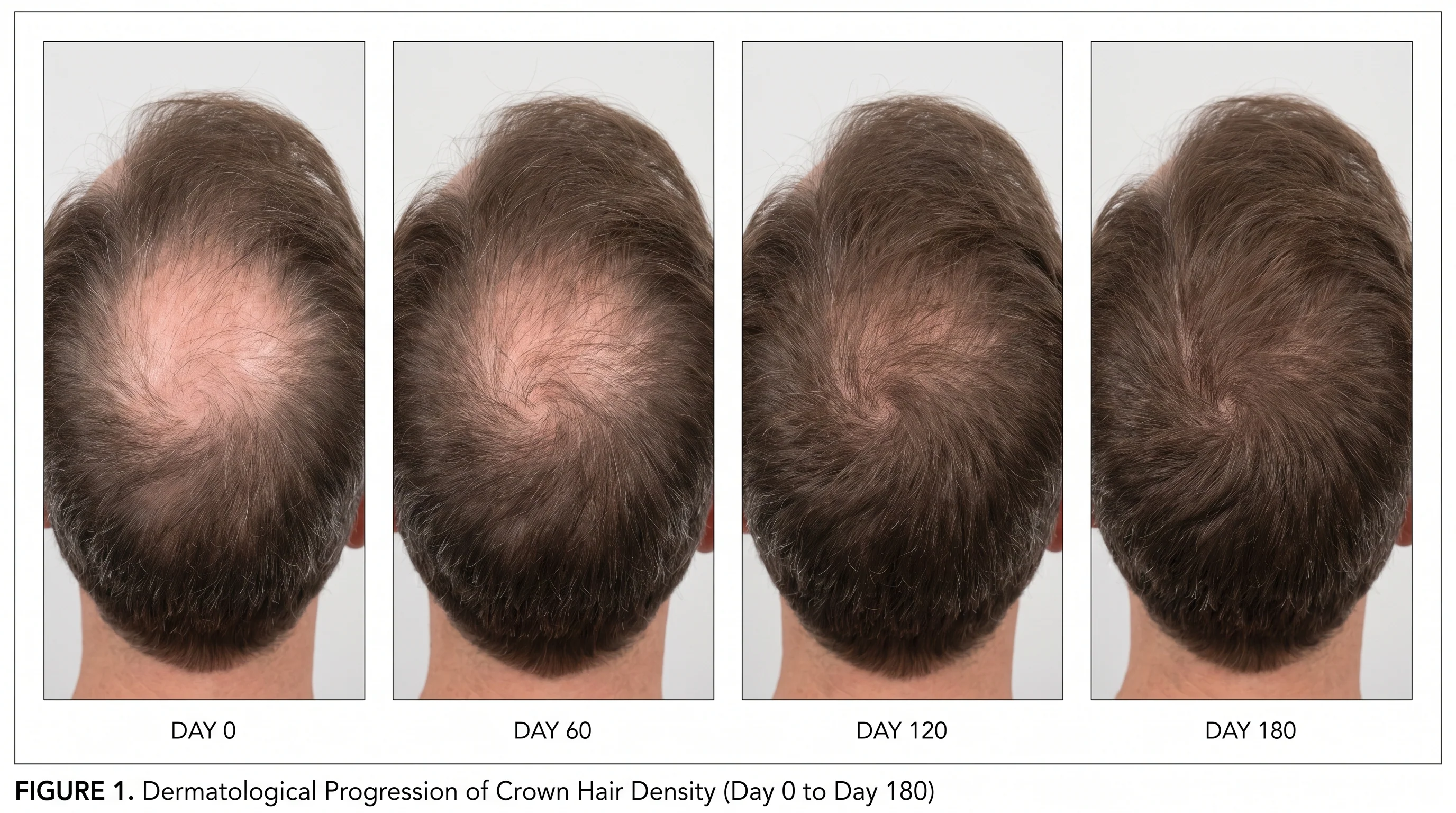 Day 0, Day 60, Day 120, Day 180 — six-month hair regrowth progression series