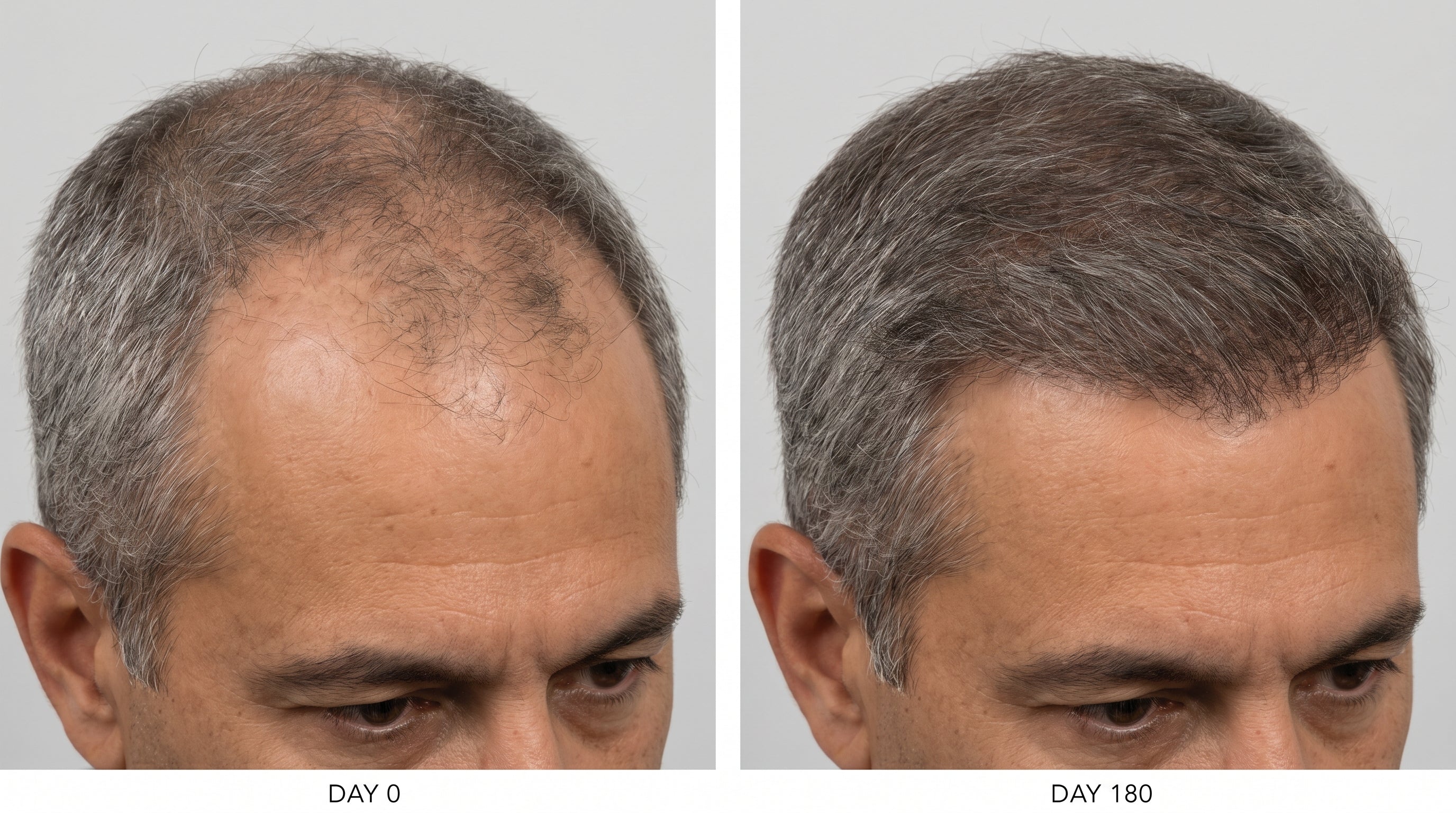 Day 0 vs Day 180 — male, mid-50s, advanced thinning, six-month progression